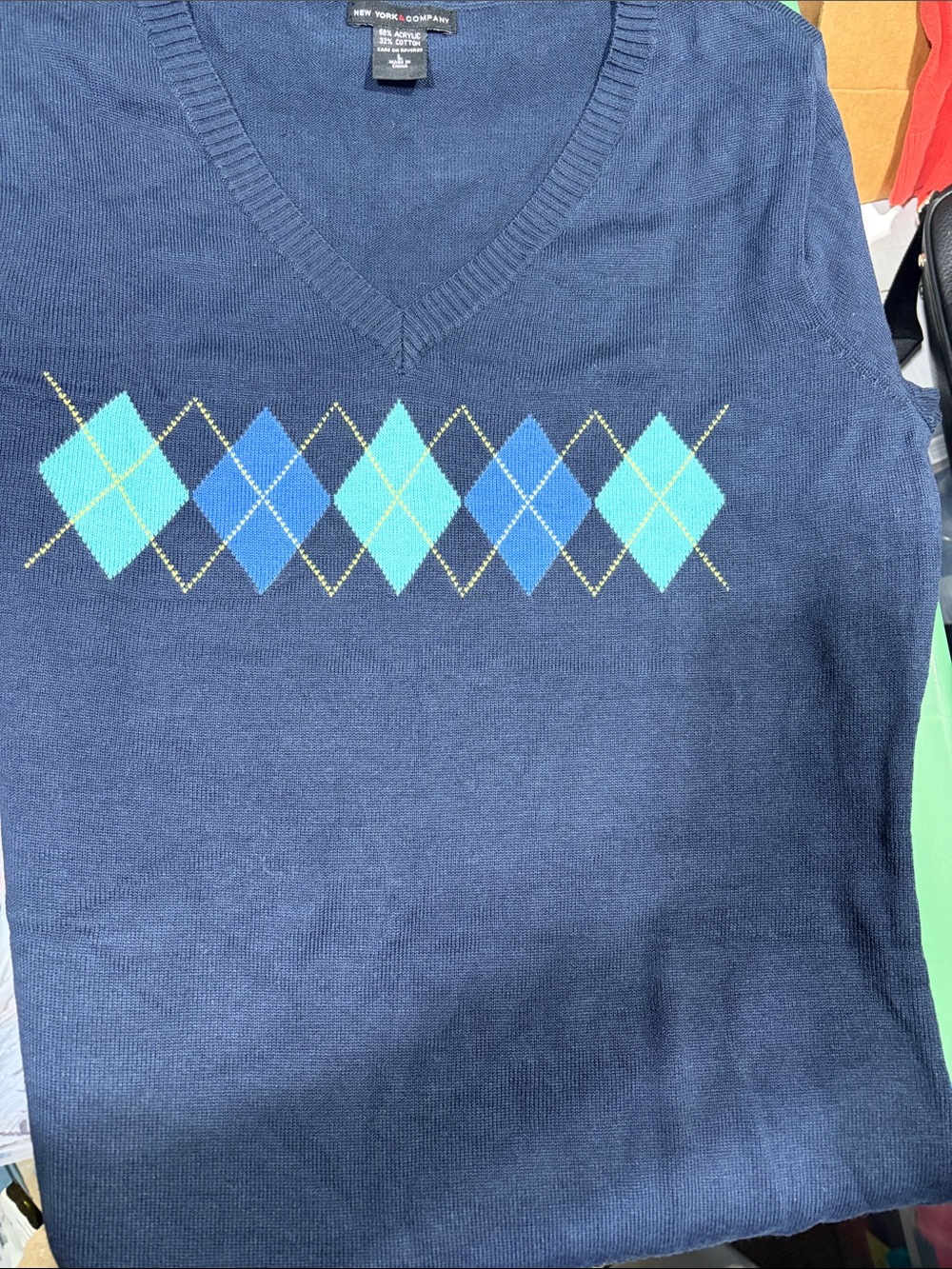 New York & Company Navy Argyle V-Neck Sweater - Picture 4 of 7